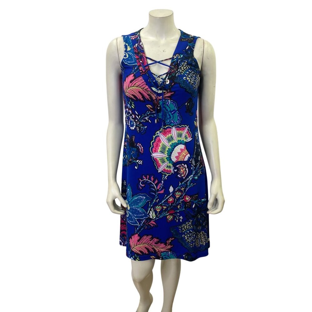 Philosophy Womens Floral Blue Sleeveless Dress Lace-Up Neckline Md